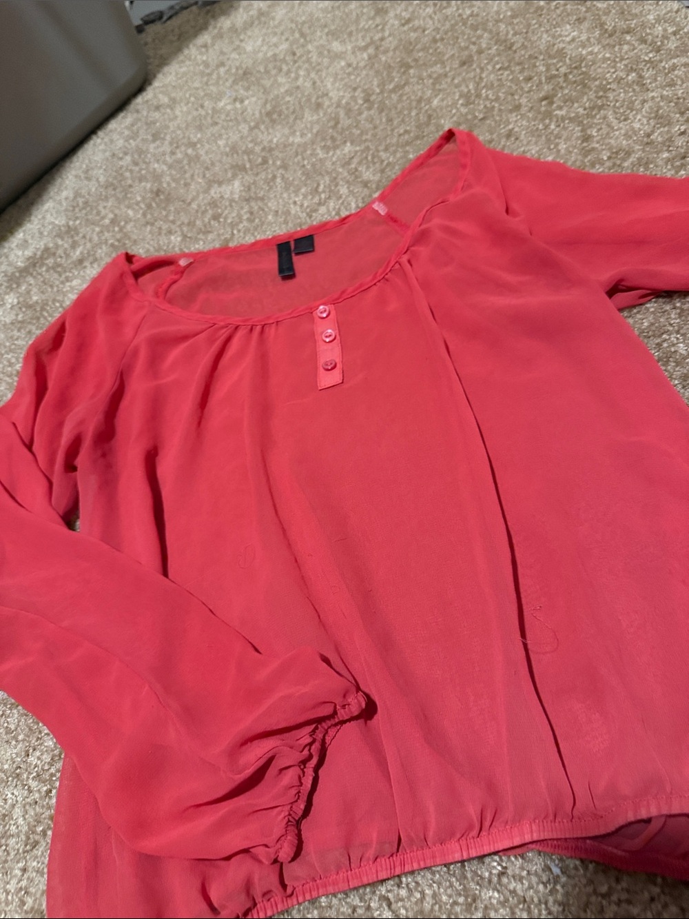 Full Tilt Coral Long-Sleeve Sheer Button-Front Blouse